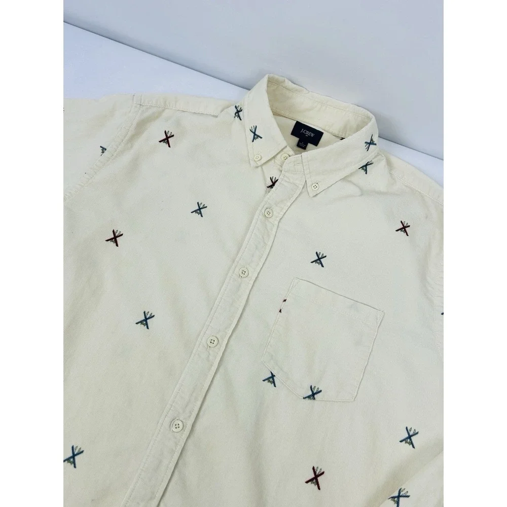 J. Crew Corduroy Shirt Mens Large Ivory Embroidered Ski Print Long Sleeve